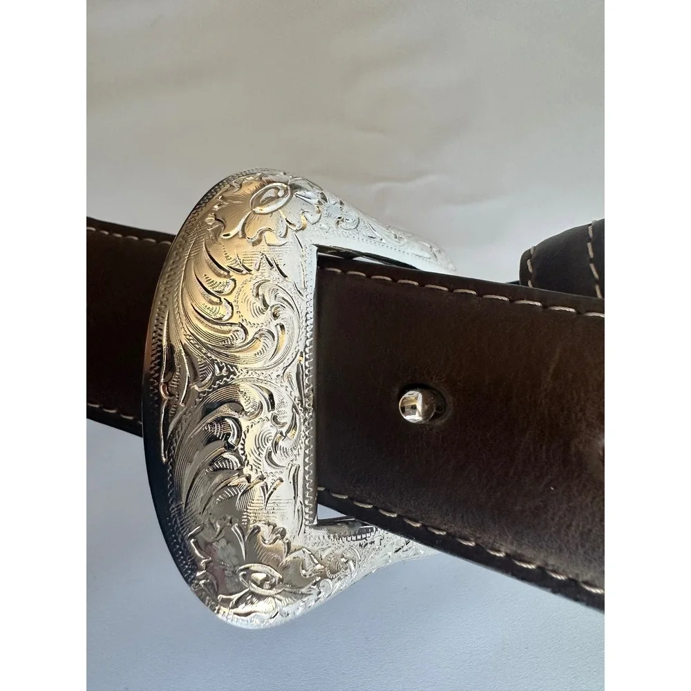 Nocona Belt Co Men's Brown Leather Western‎ Belt Engraved Buckle Size 38 Rancher
